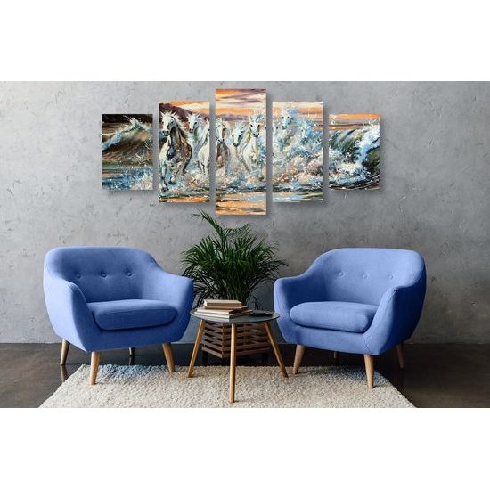 5 részes kép vízben gázoló lovak