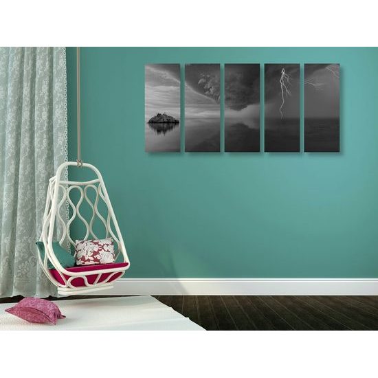 5 részes kép sziget felé zúduló vihar fekete-fehér kivitelben