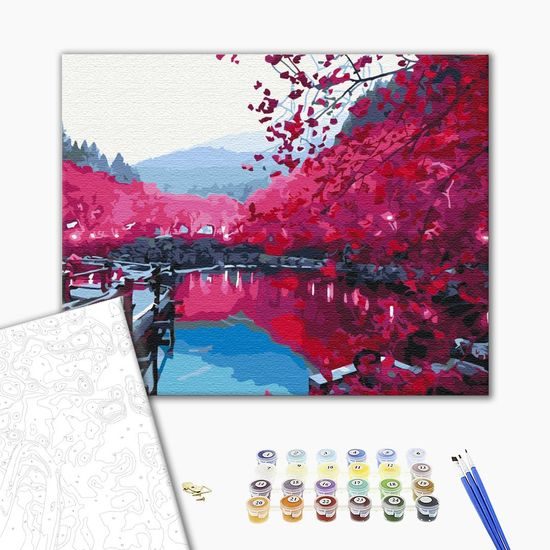 Festés számok szerint csodálatos sakura a tónál