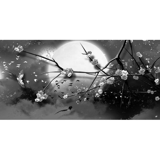 Kép repülő madárkák teliholdkor fekete-fehér kivitelben