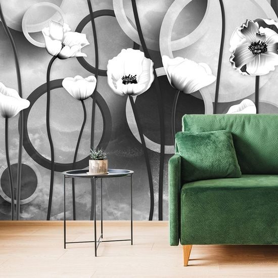 Fekete-fehér mákvirágok tapéta absztrakt háttérrel