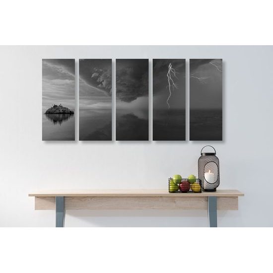 5 részes kép sziget felé zúduló vihar fekete-fehér kivitelben