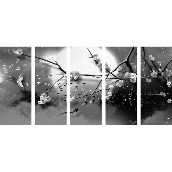 5 részes kép repülő madárkák teliholdkor fekete-fehér kivitelben