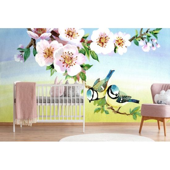 Öntapadó tapéta egy cinege ül egy ágon virágokkal