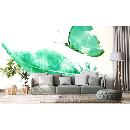 Öntapadó tapéta zöld pillangó tollal