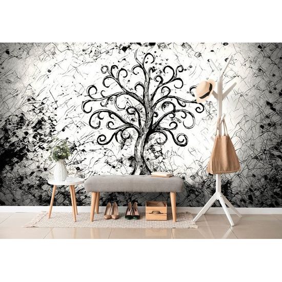 Érdekes életfa öntapadó tapéta fekete-fehérben