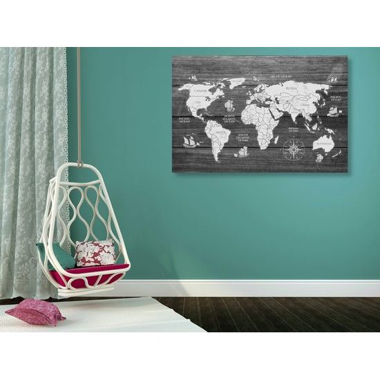 Parafa kép fekete-fehér világtérkép fából készült háttérrel