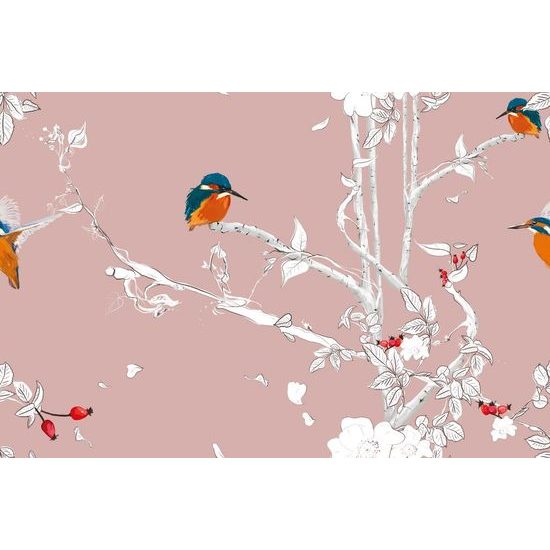 Tapéta madarak rózsabokrok rózsaszín alapon