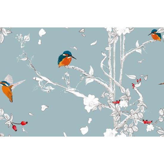 Tapéta madarak rózsabokrok kék alapon