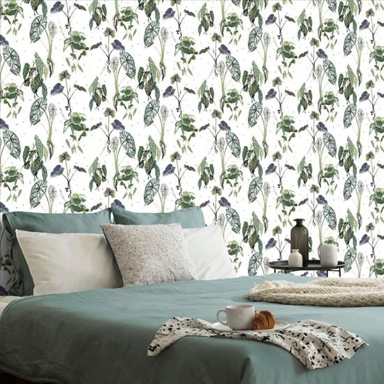 Öntapadó tapéta gyönyörű trópusi növények, fehér alapon