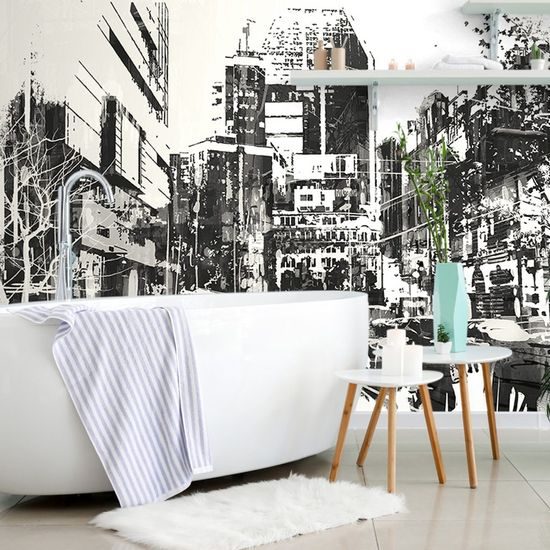 Öntapadó tapéta forgalmas utcája a metropolisz fekete-fehér design