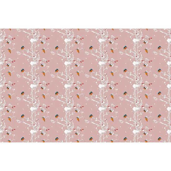 Tapéta madarak rózsabokrok rózsaszín alapon