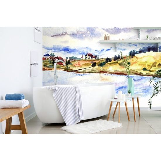 Eredeti öntapadó tapéta festmény egy faluról a folyóparton