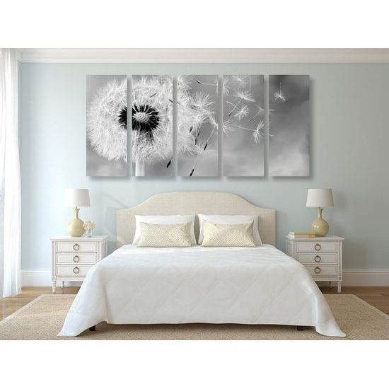 5 részes kép fekete-fehér pitypang a szélben