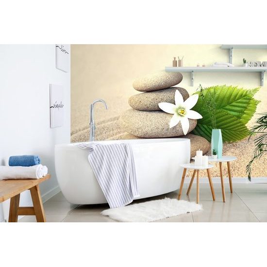 Öntapadó fotótapéta fehér virág zen kövekkel