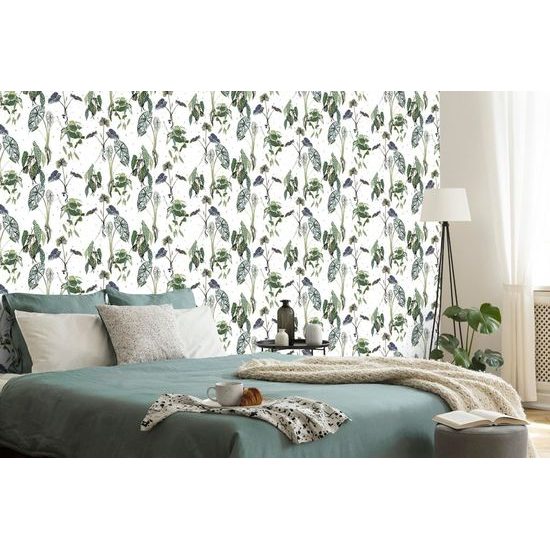 Öntapadó tapéta gyönyörű trópusi növények, fehér alapon