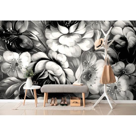 Öntapadó tapéta fekete-fehér virágok impresszionista stílusban