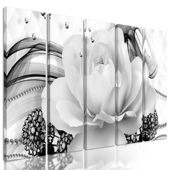 5 részes kép luxus virág gyöngyökkel fekete-fehér kivitelben
