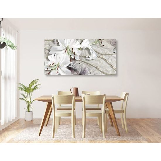 Kép csendélet liliomokkal és gyöngyökkel