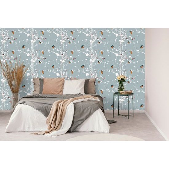 Öntapadó tapéta madarak rózsabokrok kék alapon