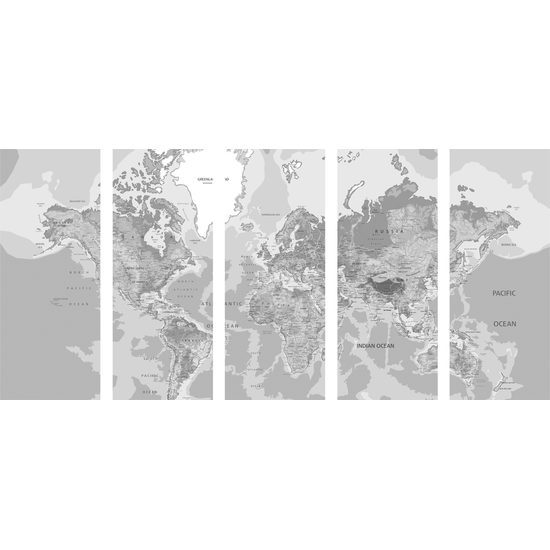 5 részes kép földrajzi világtérkép fekete-fehér kivitelben