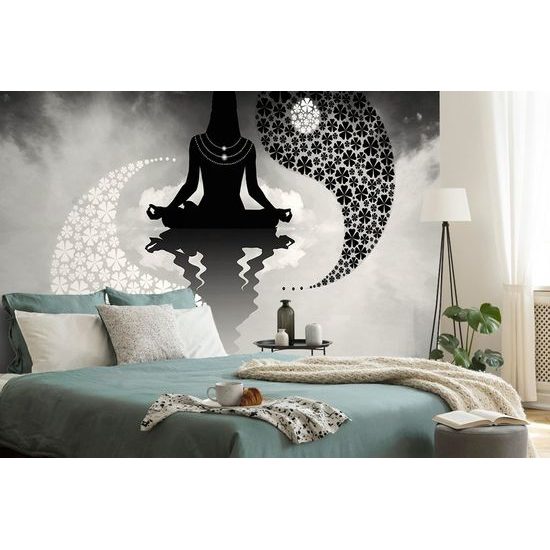 Jóga tapéta a jin és jang ölelésében fekete-fehérben