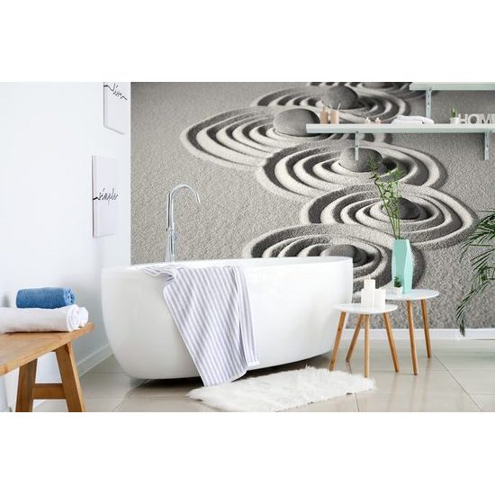 Fotótapéta fekete-fehér homokos körök zen kövekkel