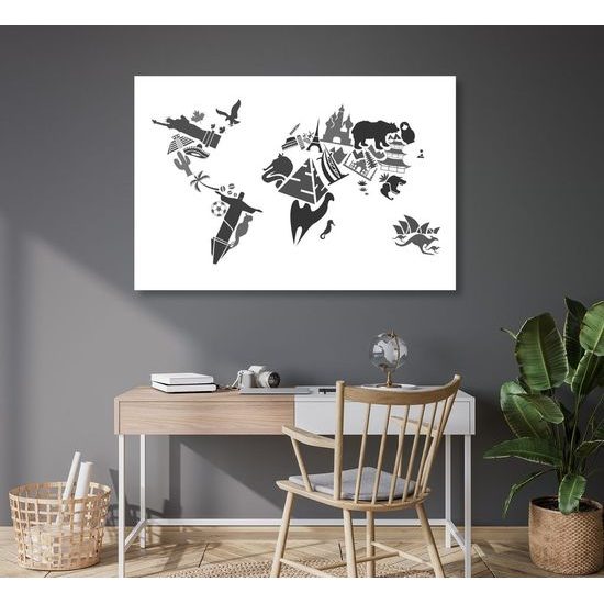 Parafa kép világ fekete-fehér térkép kontinens szimbólumokkal