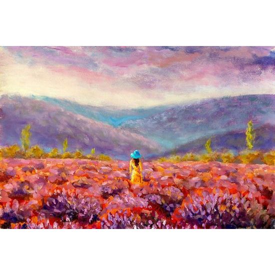 Tapéta festmény egy nő egy virágos rét közepén