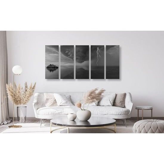 5 részes kép sziget felé zúduló vihar fekete-fehér kivitelben