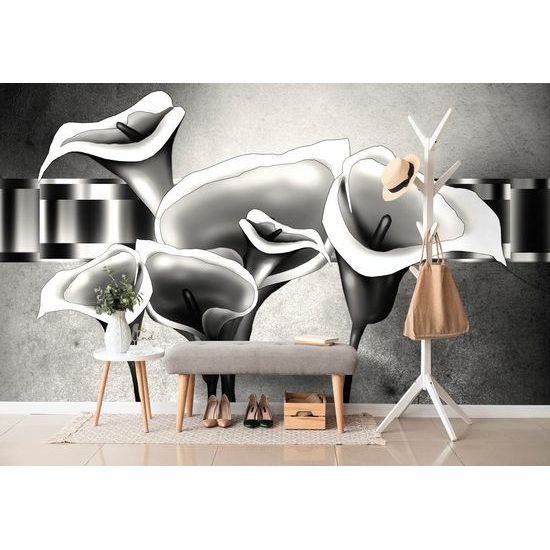 Öntapadó tapéta bájos etnikai calla virágok fekete-fehér kivitelben