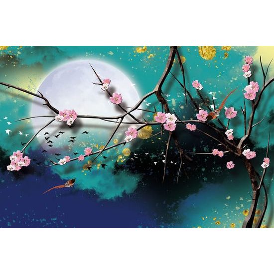 Ágak rózsaszín virágokkal a telihold háttérképen