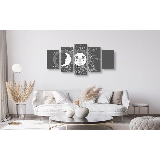 5 részes kép nap és hold szimbóluma fekete-fehér kivitelben