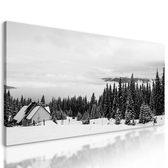 Kép házikó a havas táj közepén fekete-fehér kivitelben