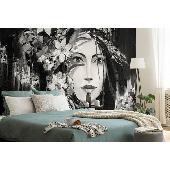 Öntapadó tapéta fekete-fehér festmény egy lány virággal