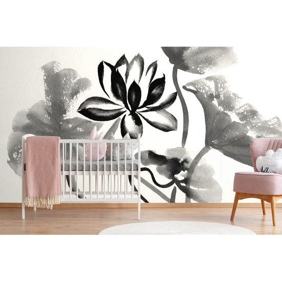Fekete-fehér lótuszvirág öntapadó tapéta akvarell kivitelben