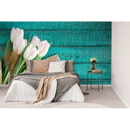 Tulipán öntapadó fotótapéta borítékkal, fából készült háttérrel