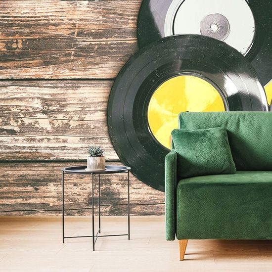 Fotótapéta gramofon lemezek egy fából készült háttér