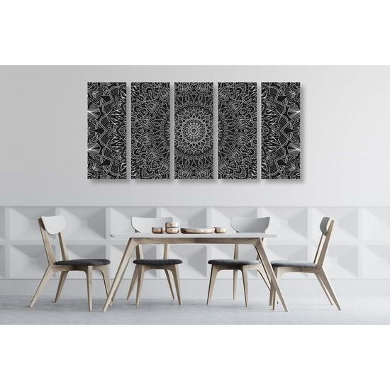 5 részes kép részletes fekete-fehér Mandala