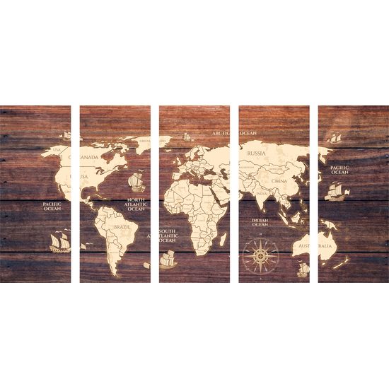 5 részes kép világtérkép fa alapon