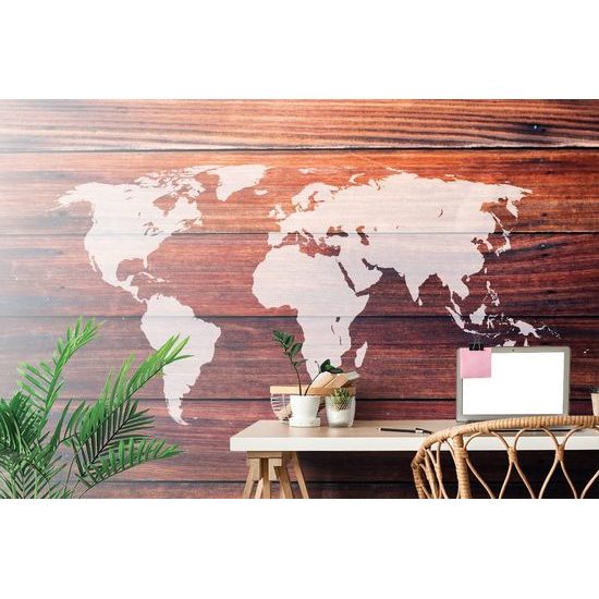 Öntapadó tapéta modern világtérkép egy fából készült háttéren