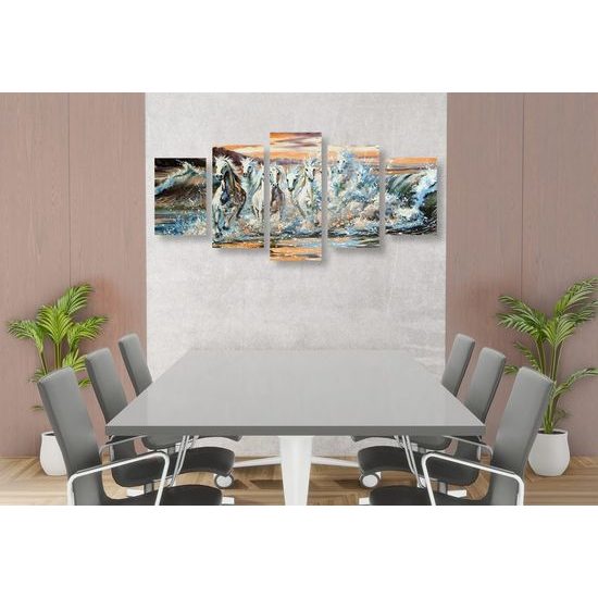 5 részes kép vízben gázoló lovak