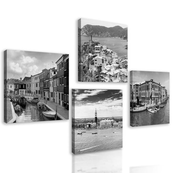 Képszett tengerparti városok fekete-fehér kivitelben