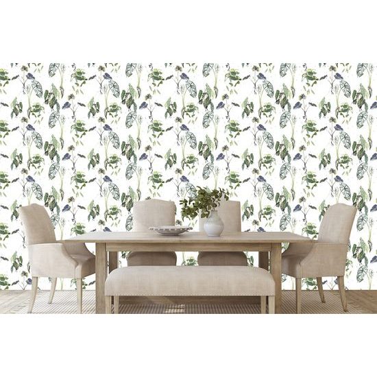 Öntapadó tapéta gyönyörű trópusi növények, fehér alapon