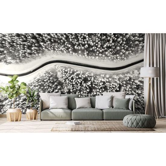 Öntapadó tapéta fekete-fehér úton keresztül a téli tájon