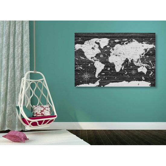 Kép történelmi világtérkép fa háttéren fekete-fehér kivitelben