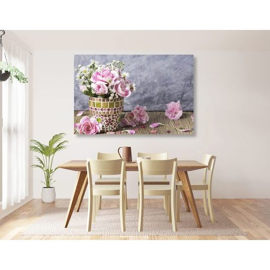 Kép mozaikos cserép rózsaszín szegfű virágokkal