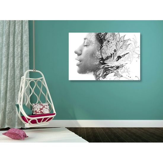 Kép nő és természet egyesülése fekete-fehér kivitelben