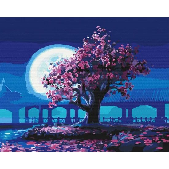 Festés számok szerint gyönyörű sakura a holdfényben