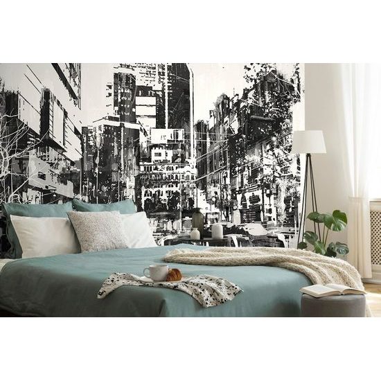 Öntapadó tapéta forgalmas utcája a metropolisz fekete-fehér design